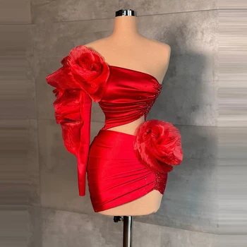 Роскошные Красные Короткие вечерние платья с цветочным рисунком На одно плечо, Длинные рукава, оборки, Мини-длина, Атласный халат для выпускного вечера, мини-длина