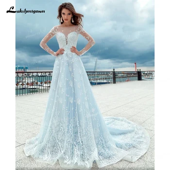 Свадебное платье в стиле бохо, светло-голубое свадебное платье в стиле бохо, свадебное платье трапециевидной формы с длинным рукавом длиной до пола, Аппликации на заказ