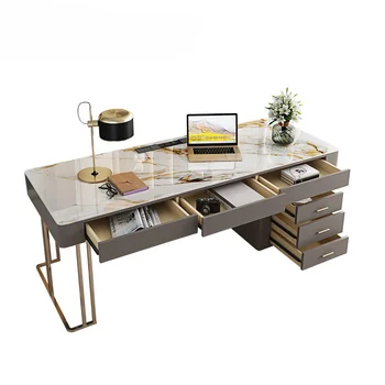 Светлый роскошный стол с глянцевой каменной панелью, сочетание офисного стола и стула, современный настольный компьютерный стол, рабочий домашний письменный стол