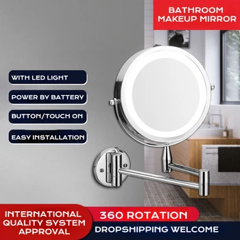 Светодиодное зеркало для ванной комнаты с 5-кратным усилением, Круглое настенное зеркало для макияжа, выдвижные косметические зеркала с подсветкой