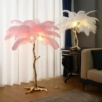Светодиодные торшеры для гостиной, стоячие светильники, современный роскошный светодиодный торшер из страусиных перьев, напольный светильник из золотой смолы, изысканный декор