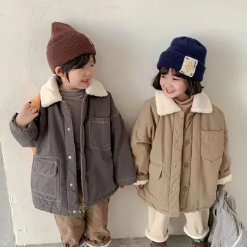 Свободные куртки-карго с плюшевой подкладкой для мальчиков и девочек в корейском стиле, детская повседневная стеганая верхняя одежда с отложным воротником