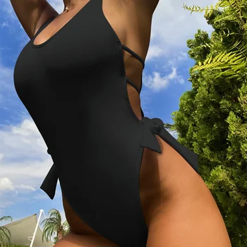 Сексуальные купальные костюмы Zabrina Black 2023, Женское однотонное бикини со шнуровкой и открытой спиной, Винтажный шикарный купальник для отдыха на пляже