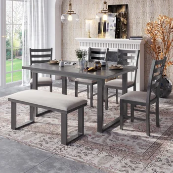 Семейная мебель TREXM из 6 предметов \ Обеденный гарнитур из массива дерева с прямоугольным столом и 4 стульями со скамейкой (серый)