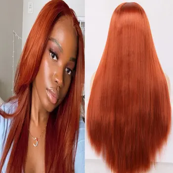 Синтетический парик на шнурке спереди Оранжевого цвета из длинного прямого термостойкого волокна с естественным пробором посередине по линии роста волос для белых женщин
