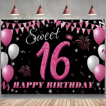 Сладкие украшения на 16 дней рождения Фон Баннер Happy 16th Birthday Party Ярко-розовый знак Декор для наружной и внутренней ткани