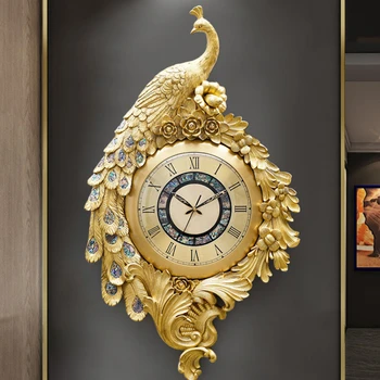 Современное украшение Золотые Металлические часы с павлином 3D Латунные художественные кварцевые настенные часы домашнего декора роскошь
