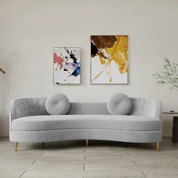 Современный многоместный изогнутый бархатный диван-светло-серый-с подушкой-бархат СВЕТЛО-серый бархат [на складе в США]