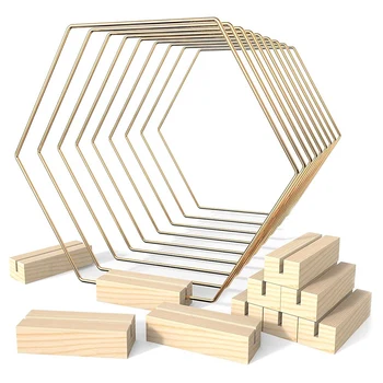 Центральный обруч из 10 упаковок с 10 деревянными держателями для карточек 9,1-дюймового шестиугольного металла для украшений, поделки для свадебного стола