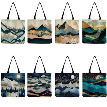 Экологичная сумка-тоут, сумка для подарков школьному учителю, настраиваемая сумка для покупок, художественный Абстрактный горный и водный пейзаж.